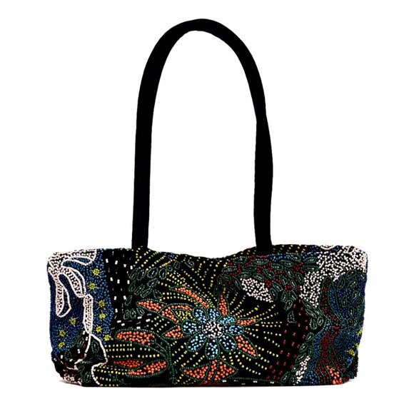 Zara Beaded Velvet Floral Shoulder Slouchy East West Bag in Navy Blue - Picture 1 of 16